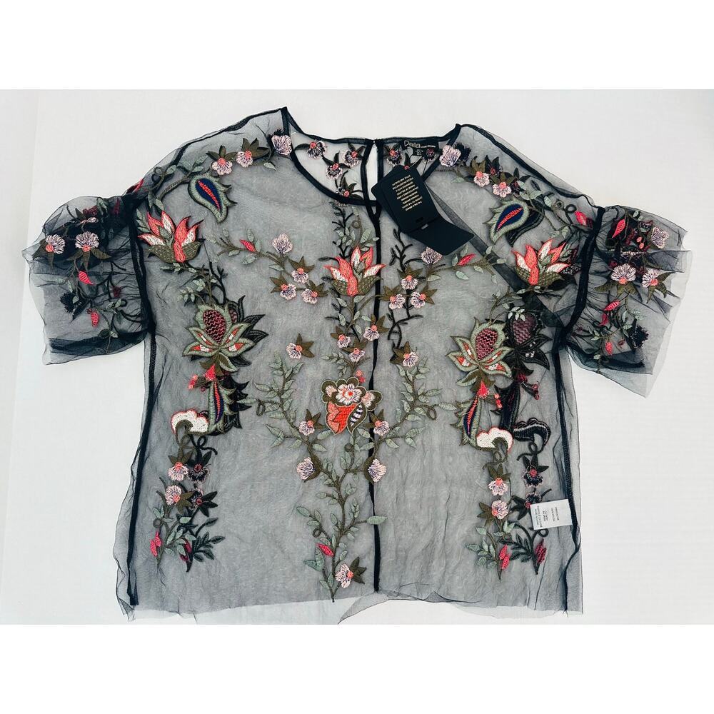 NWT Dalia Black Mesh Boho Floral Embroidered Flutter Sleeve Blouse - Size L - Picture 1 of 5